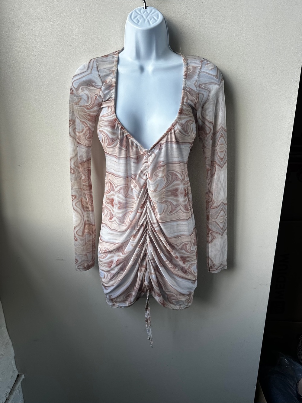 Y2K Marble Swirl Mesh Ruched Bodycon Mini Long Sleeve Drawstring Beach Coverup